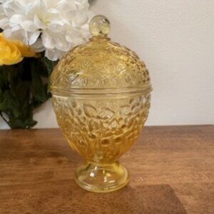 Avon Yellow‎ Glass Pedestal Candy Dish Rose Pattern Textured Jar Vintage Decor